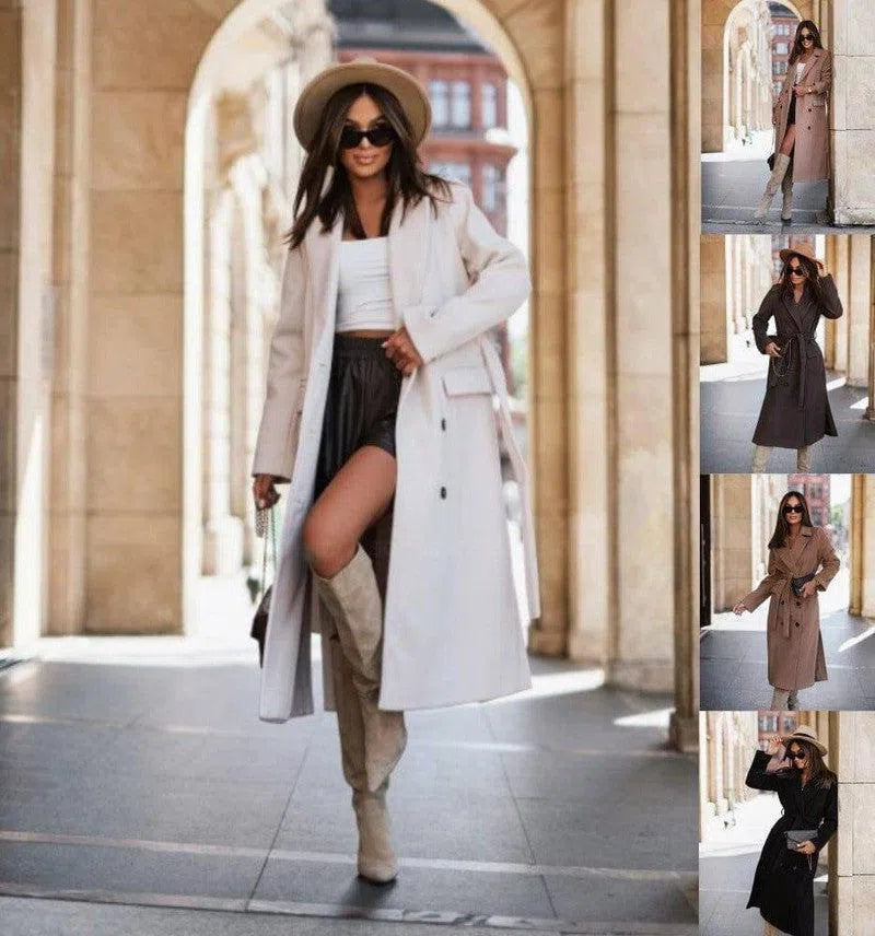 Minimalist Long Sleeve Suit Collar Strap Woolen Coat Women's-1