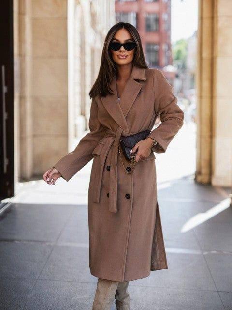 Minimalist Long Sleeve Suit Collar Strap Woolen Coat Women's-Khaki-4