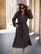 Minimalist Long Sleeve Suit Collar Strap Woolen Coat Women's-Dark Gray-5