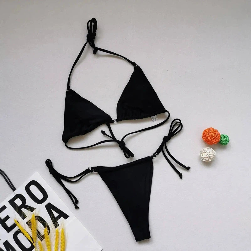 Multicolor Bikini Split Swimsuit Halter Tie-Black-8