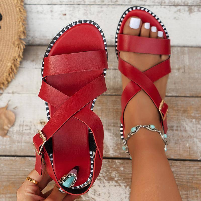 New Buckle Roman Sandals Summer Fashion One-line Cross-strap-Red-3