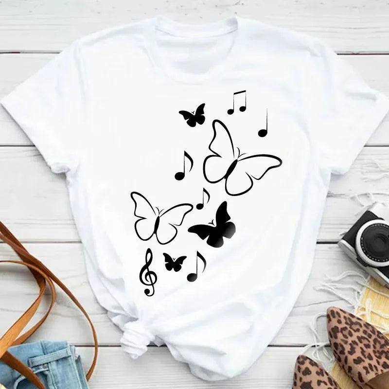 New Fashion Women T-shirt Colorful Butterfly Petal Print-11