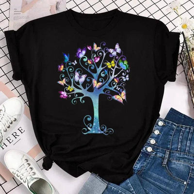 New Fashion Women T-shirt Colorful Butterfly Petal Print-22