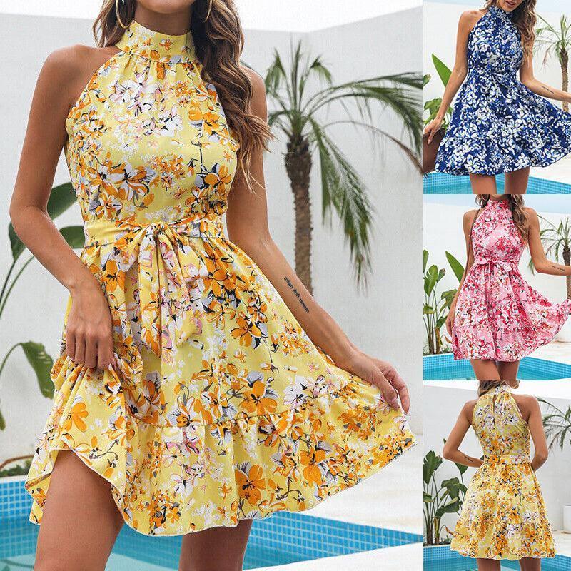 New Flowers Print Halterneck Dress Summer Fashion-1