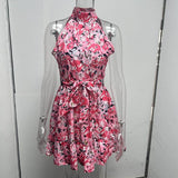 New Flowers Print Halterneck Dress Summer Fashion Pink / 2XL-8