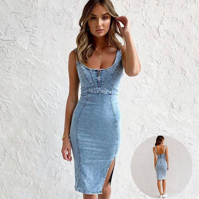 New U-neck Suspender Denim Dress Summer Casual Tight Slim Fit Dresses With Slit Design Womens Clothing-1