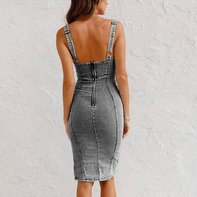 New U-neck Suspender Denim Dress Summer Casual Tight Slim Fit Dresses With Slit Design Womens Clothing-3