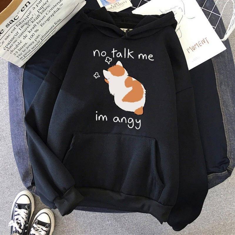 No Talk Me Cute Angry Cat Print Women Hoodie-Black-4