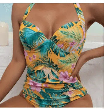 One-piece Halterneck All-in-one Bikini Print-Yellow-6