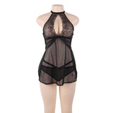 Oversized Lingerie Halter Suspender Nightdress-Black-1