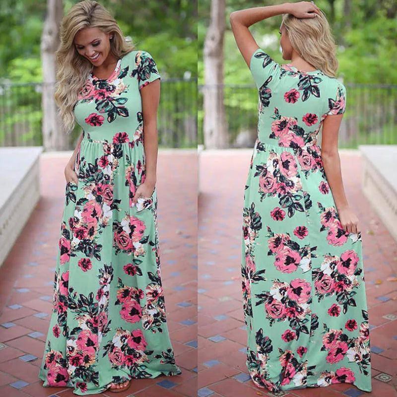 Floral Long Sleeve Maxi Dress-Green-2