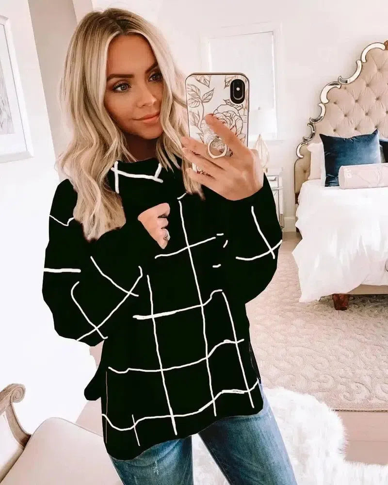 Plaid sweater pullover plaid sweater-Black-8