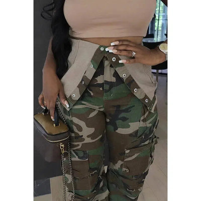 Plus Size Daily Jumpsuit Army Green Denim Camo Strapless-4