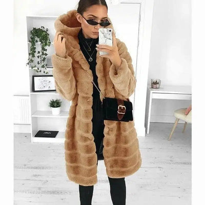 Plush padded hooded lady mink short fur coat-Khaki-1