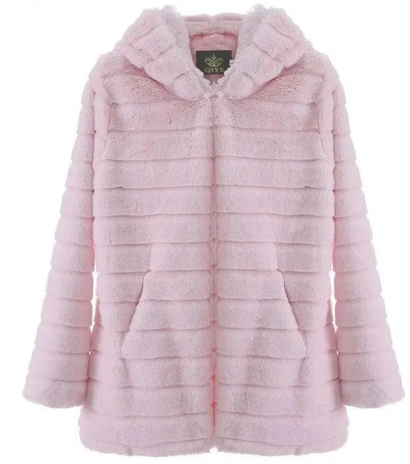 Plush padded hooded lady mink short fur coat-Pink-3