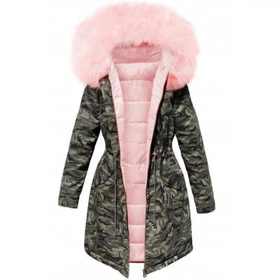 Plush Thick Coat Loose Big Fur Collar Mid-length Camouflage-Pink-1