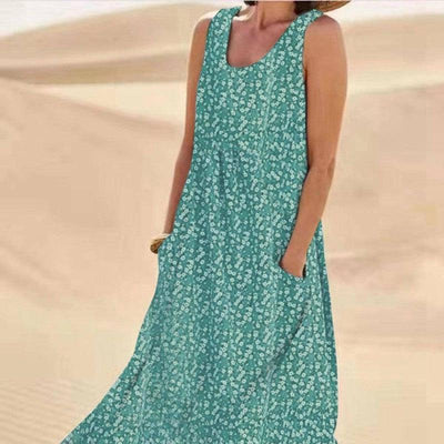 Pocket Sleeveless Round Neck Large Swing Floral Dress Plus-Green-6