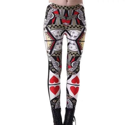 Poker Print Red Heart Queen Leggings-Black-2