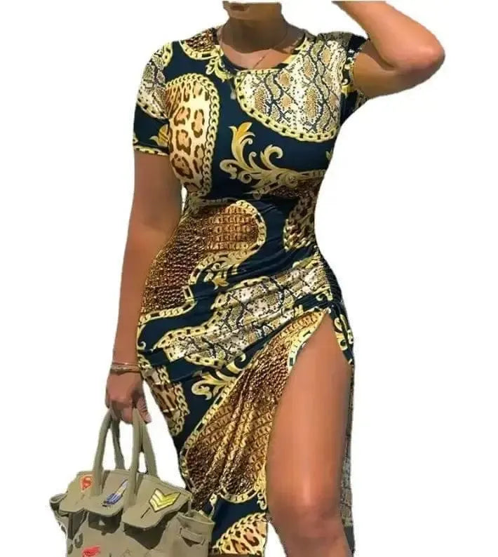 Printed Solid Color Short Sleeve Drawstring Dress-Style 3-7