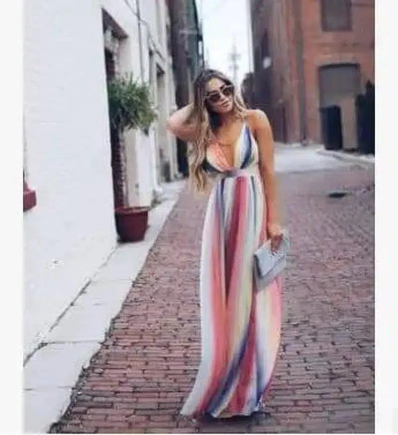 Rainbow Summer Maxi Dress Women Dress Colorful V-Neck-Color-6