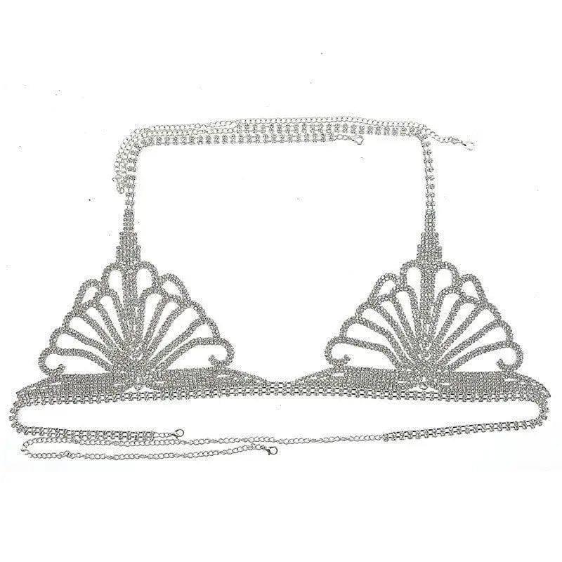 Rhinestone Claw Chain Body Chain Set Sexy Bra Panty Set-Silver-3