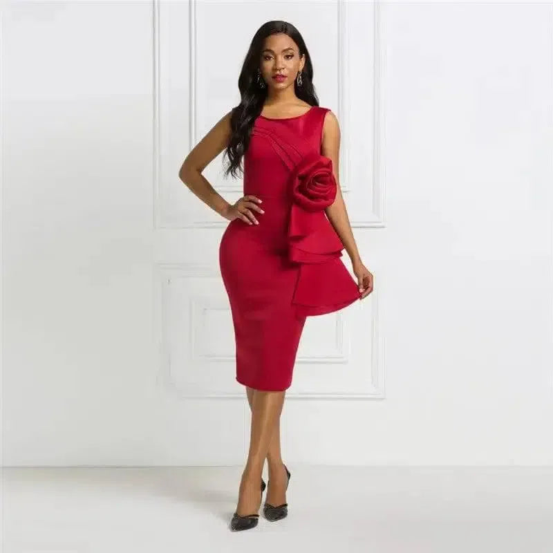 Ruffled rose evening dress-Red-1