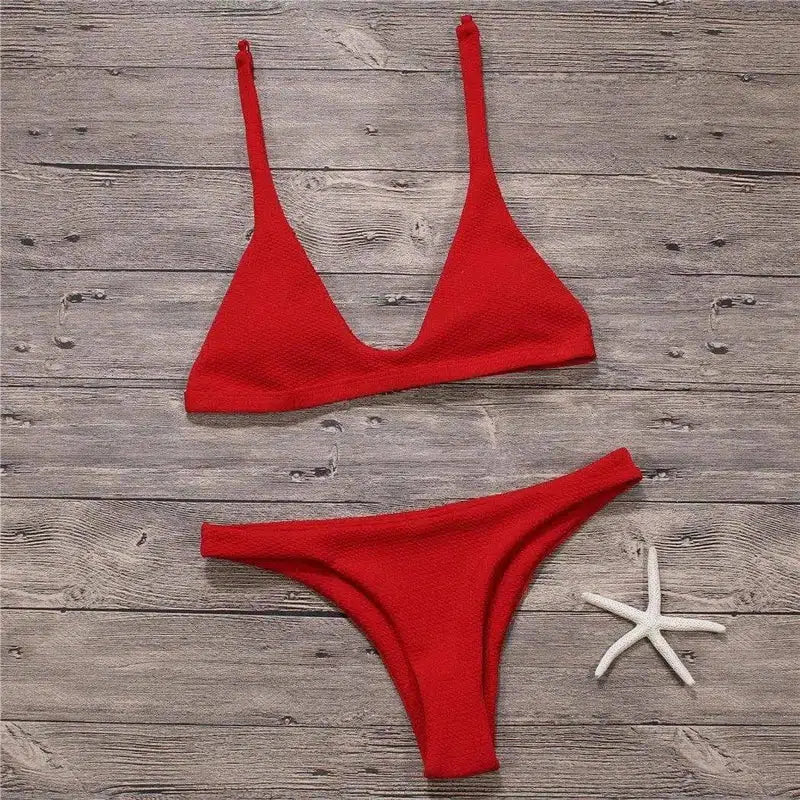 Bikinis Women Swimsuit Solid Bathing Swim Suit Bikini-Red-3