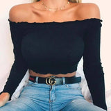 Sexy Cotton Blend Crop Top Off Shoulder Black Red Crochet-Black-1