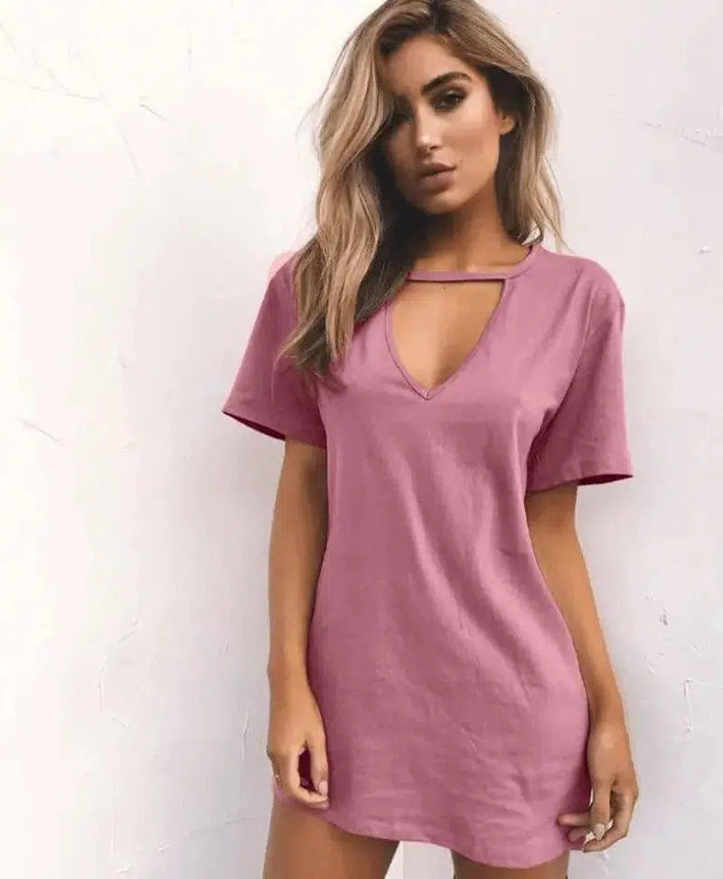 deep V short-sleeved T-shirt loose casual dress-Pink-54