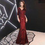 fishtail dress in sequined evening dress-Claret-5