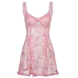 lace perspective lace camisole dress with V-neck,-pink-1