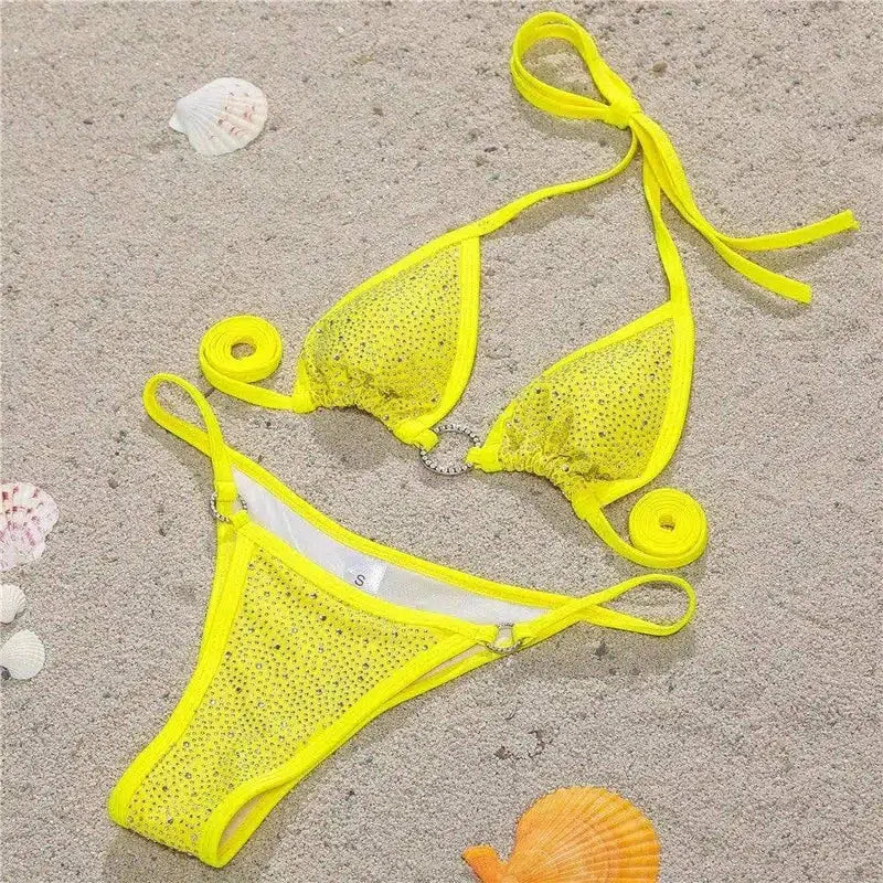 Lace up Bikini Diamond Swimsuit Split Swimsuit-Yellow-2