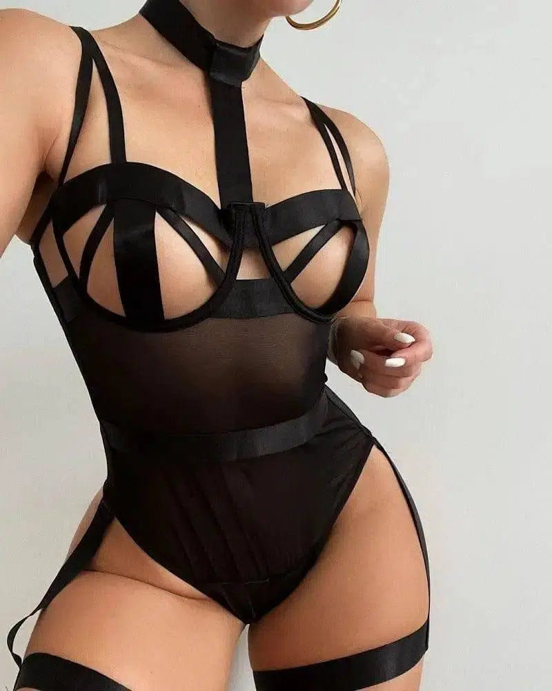 Sexy Lingerie Bodysuit With Halter Neck And Garter-Black-1