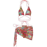 Printed Halterneck Strappy Tank Top Thong Bikini-Red-2