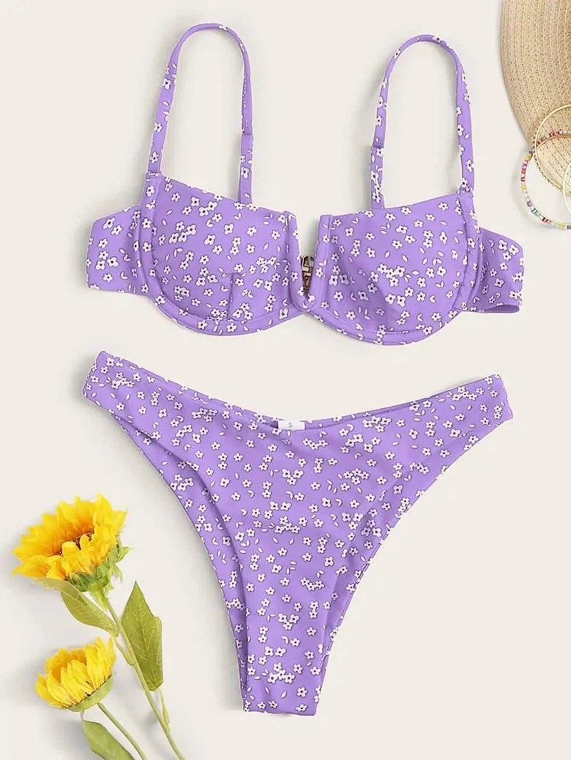 Small Floral Bikini Split Female Swimsuit-Purple-3