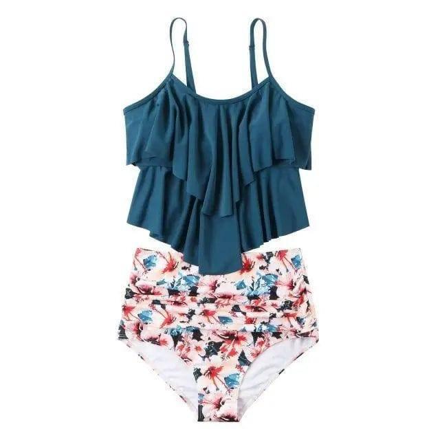 Split Floral Ruffled Swimsuit Women Bikini-Blue-5