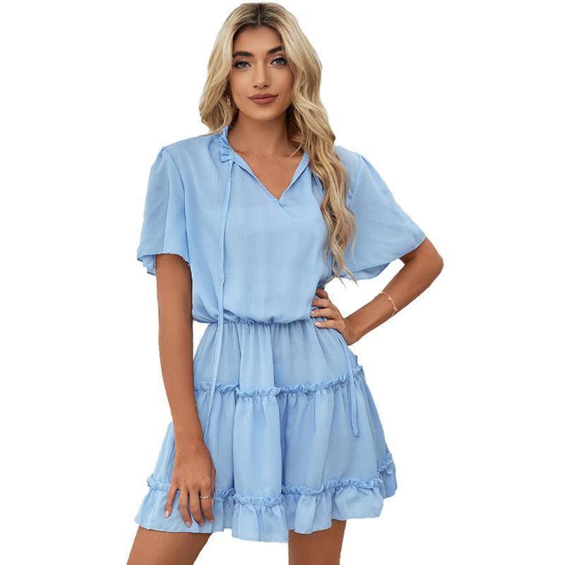 Short Sleeve Dress Women's Ruffled V-neck-Blue-7