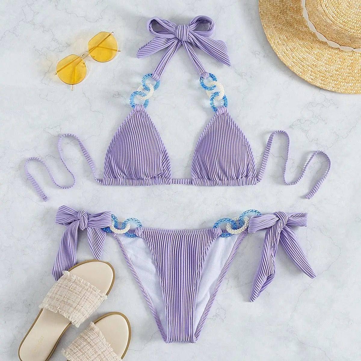 Side Tie Jewelry Solid Halter Beach Bikini-Purple-2