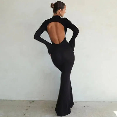 Elegant Black Longsleeve Backless Dress-2