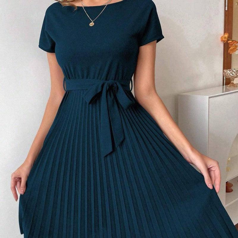 Solid Color Belt Pleated Batwing Sleeve Women Long Dress-2