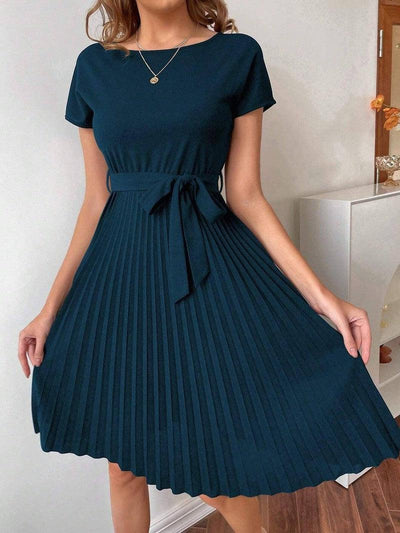 Solid Color Belt Pleated Batwing Sleeve Women Long Dress-6