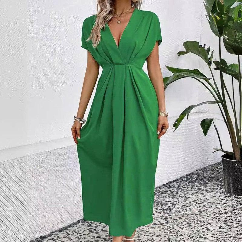 Solid Color Deep V Shoulder Sleeve Folding Elastic Waist-1