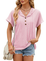 Solid Color Hooded Button T-shirt Loose Hollow Design-Pink-11