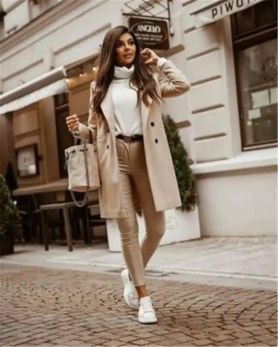 Womens' Stylish Trench Coat and Pants Outfit-White-2