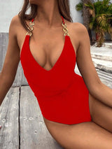 Solid Color One-Piece Swimsuit Sexy Bikini-Red-2