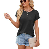 Solid Color Round Neck Button Short Sleeve T-Shirt Summer-Black-4