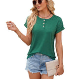 Solid Color Round Neck Button Short Sleeve T-Shirt New Summer Loose Top For Womens Clothing-Dark Green-9