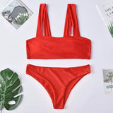 Solid color shoulder split swimsuit women-Red-3