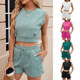 Solid Color Wave Pattern Design Suit For Women Casual Round Neck Sleeveless Top And Drawstring Design Shorts Fashion 2-piece Set Summer Clothing-1