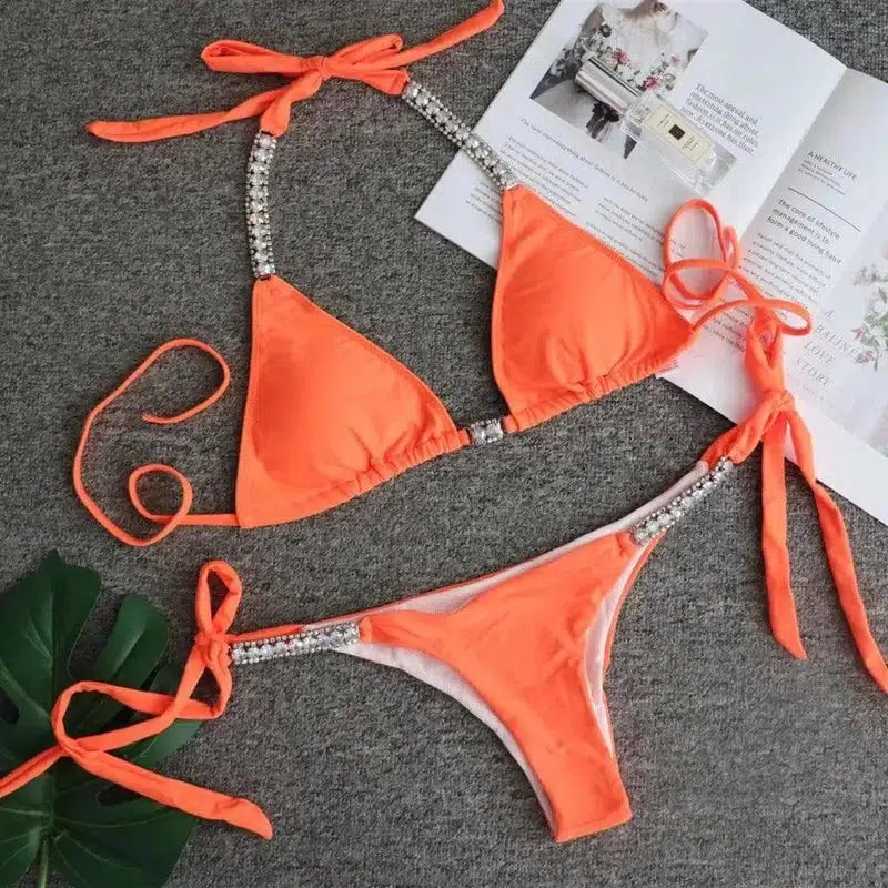 Solid strapless bikini-Orange-3